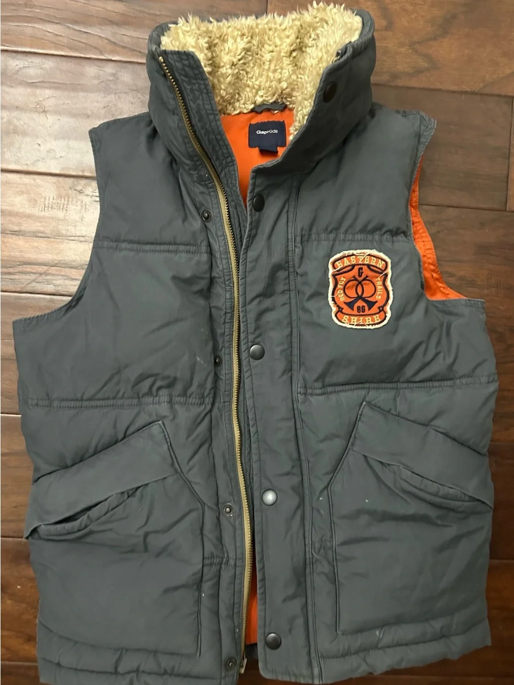 GAP Kids Gray Puffer Vest with Orange Lining and Sherpa Collar